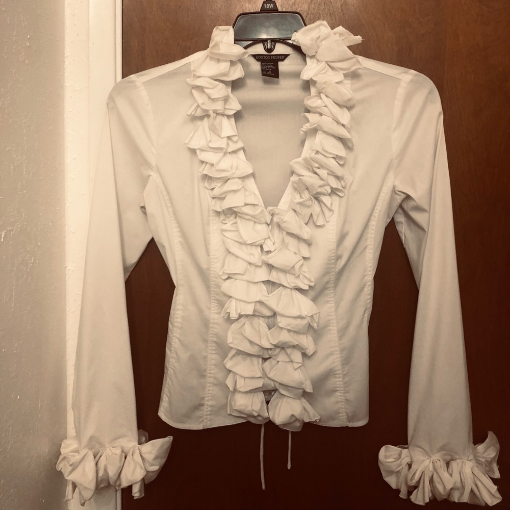 Boston Proper white ruffled shirt.